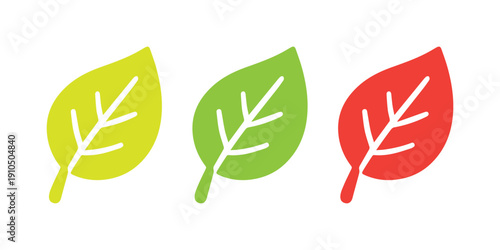 Vibrant Sustainability Status Icons – Red, Green, and Yellow Leaf Indicators for Eco-Compliance