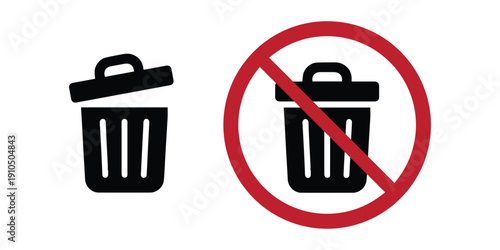 Professional Waste Prohibition Icon Set – High-Contrast "No Trash" and Open Bin Disposal Graphics