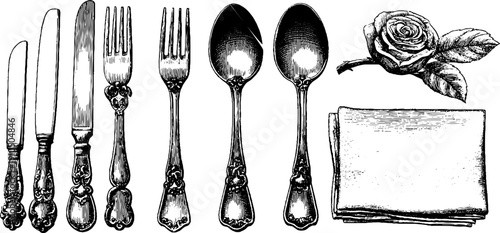 Vintage cutlery and napkin set engraving for retro design and decoration