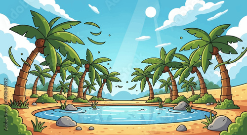 A peaceful cartoon oasis with a small pond surrounded by palm trees. the sun shines brightly in the clear blue sky, creating a serene desert paradise