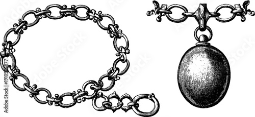 Vintage engraved jewelry set with necklace, pendant, and chain for retro design and decoration