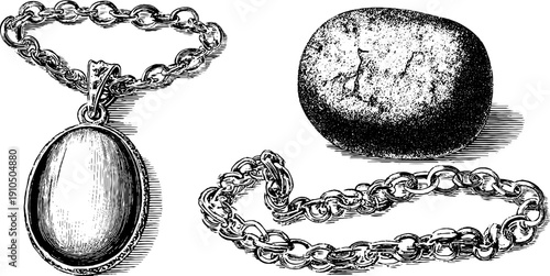 Vintage engraved necklace pendant and chain sketch for jewelry design