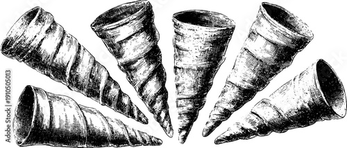 Engraved illustration paper food cones set engraving vintage retro sketch.
