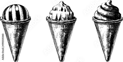 Vintage hand-drawn ice cream cone illustrations set for retro design