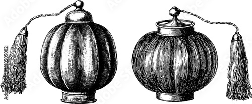 Vintage engraved illustration set of paper lanterns with wire frame for retro decor and design