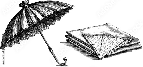 Vintage engraved set of parasol and lace folding fan illustration for retro design