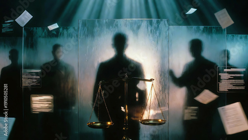 Silhouetted figures deliberating justice with scales in a courtroom setting