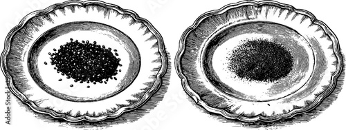Vintage engraved illustration of picnic plates with crumbs for retro kitchen decor