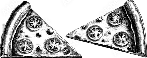 Vintage engraved pizza slice illustration set - hand drawn black line art for design