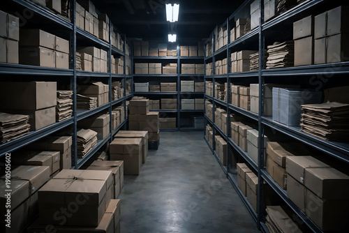 Large warehouse filled with stacked boxes and storage units