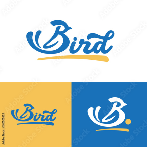 Creative Letter B Bird Logo - Modern Blue and Yellow Script Typography Initial for Branding