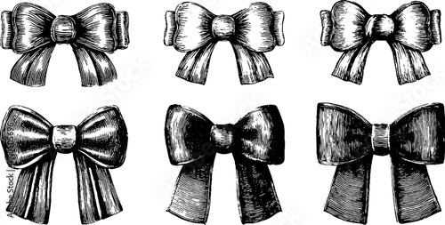 Elegant vintage ribbon bows set engraving for festive design and decoration
