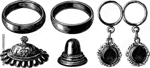 Vintage jewelry design with engraved ring, earrings, and brooch - perfect for retro art and craft projects