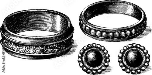 Vintage jewelry collection: hand-drawn ring, earrings, and brooch for retro designs