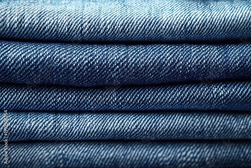 stack of neatly folded blue denim fabric showing diagonal twill weave and soft textured layers, evoking cozy casual comfort