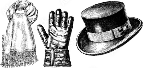 Vintage fashion accessories: silk scarf, leather gloves, and hat illustration set for retro design