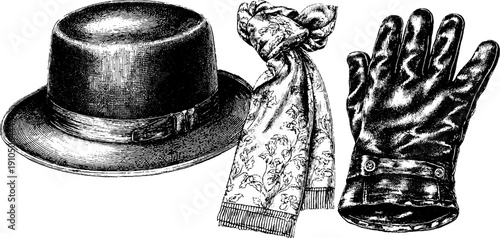 Vintage fashion accessories concept: silk scarf and leather gloves design for retro style