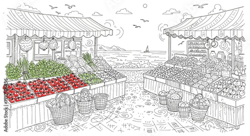 Sketch of Fresh Produce Market Stalls.