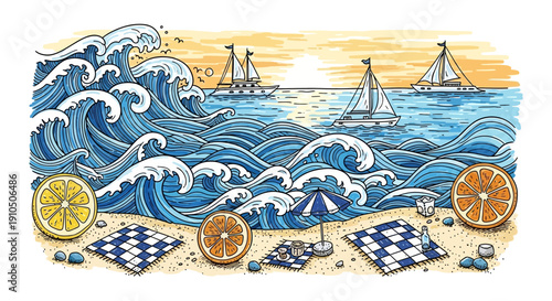 Chess pieces on sandy beach with waves.