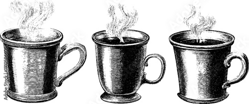 Vintage engraved illustration set of steaming mugs for retro design