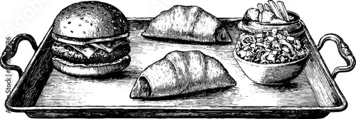 Vintage engraved illustration of street food tray with burger and croissants for retro design projects