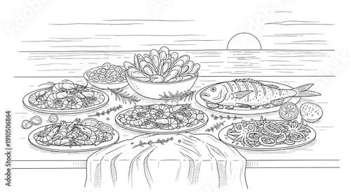 Assorted Seafood and Vegetables on Plates.