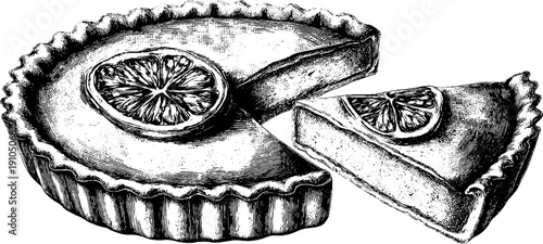 Vintage engraving of tarts with lemon slices - perfect for culinary art or retro design