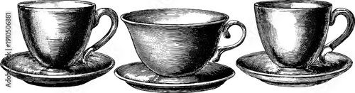 Vintage engraved tea cup set illustration with black bold lines for retro design