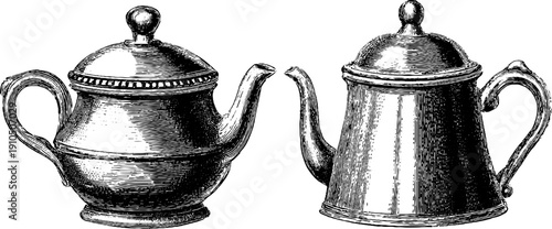 Vintage engraved illustration of teapot and lid set in bold black lines for retro design