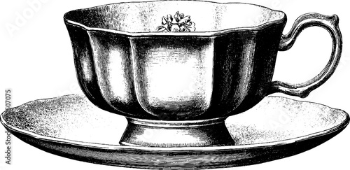 Vintage engraved teacup and saucer set illustration in black bold lines