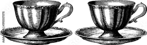 Vintage hand-drawn engraving of teacup and saucer set for retro design and decor