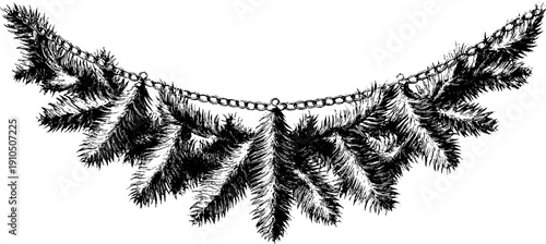 Intricate black line engraving of tinsel garland for holiday decorations