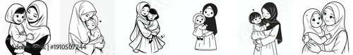 Line art of a mother carrying her daughter. Ramadan theme. Vektor, icon, set icon, minimalist, flat