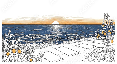 Illustration of Path Leading to Ocean Sunset.