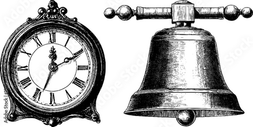 Vintage clock and bell sketch set for antique design