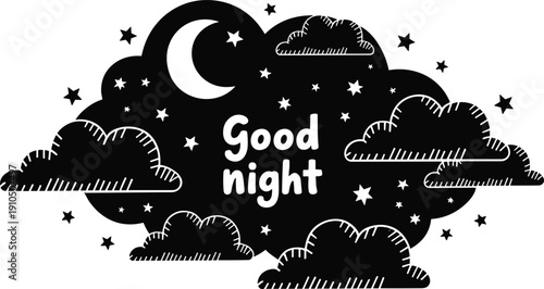 Black Good Night Silhouette with Crescent Moon Stars and Clouds Isolated on White Background Professional Sleep Bedtime Graphic for Nursery Decor Kids Greeting Cards