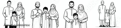 Line art of a small family wearing Muslim clothing. Ramadan theme. Vektor, icon, set icon, minimalist, flat
