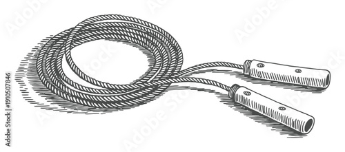 Vintage Sketch of a Coiled Jump Rope with Wooden Handles