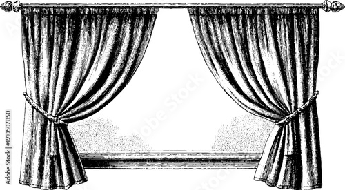 Vintage engraved illustration of window curtains with black bold lines for design and decor