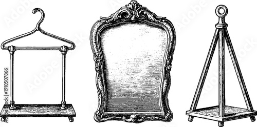 Vintage window display frame and stand set - hand drawn engraving for design and decoration
