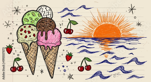 Colorful Ice Cream Cones with Cherries.