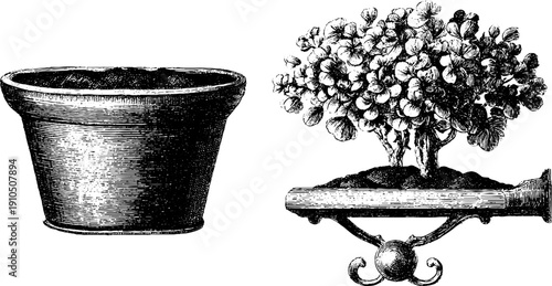 Vintage engraved illustrations of window flower box and bracket for garden design