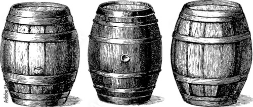 Vintage engraved wine barrel sketch set for retro design projects