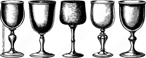 Vintage wine glass set engraving - hand-drawn retro design for prints and decor