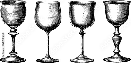 Vintage engraved wine glass collection for elegant design projects