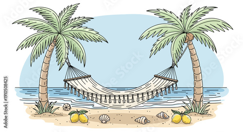 Hammock between Palm Trees on Beach.