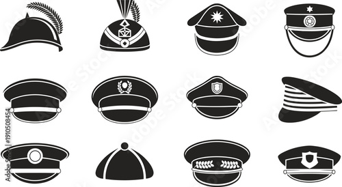 Black and white vector illustrations of military and official service hats with insignias, shields, stars, and laurel wreaths, uniform design elements for history and iconography projects