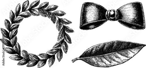 Vintage engraved wreath and foliage leaves set for design and decoration
