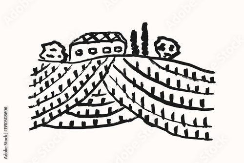 Hand drawn vineyards with house emblem for liquor store, on white background, vector illustration.