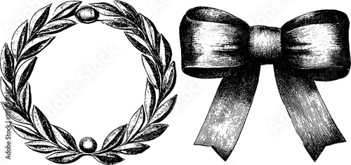 Vintage engraved wreath and ribbon bow sketch for retro design use